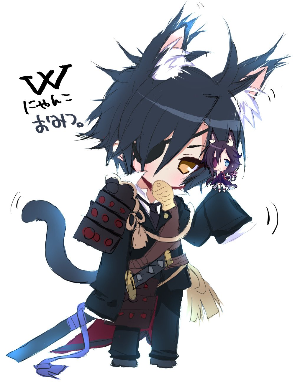 1boy 1girl akatsuki_(ggsy7885) animal_ears armor black_coat black_footwear blue_eyes blue_hair cat_ears cat_tail chibi coat crossover dress eating eyepatch food full_body highres holding holding_weapon katana long_hair mini_person minigirl motion_lines necktie pants popped_collar purple_dress purple_hair sheath sheathed shokudaikiri_mitsutada shokudaikiri_mitsutada_(tenka_hyakken) short_hair shoulder_armor sleeves_past_fingers sleeves_past_wrists standing sword tail taiyaki tenka_hyakken touken_ranbu wagashi weapon white_background yellow_eyes