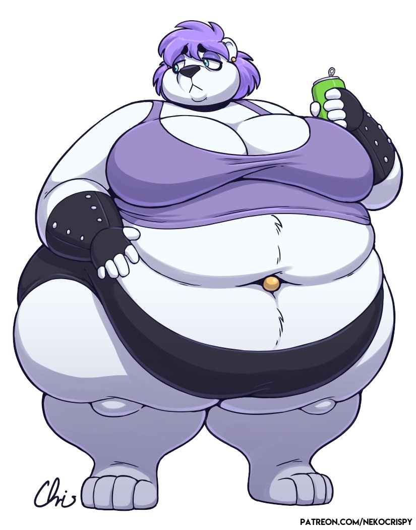 anthro bear belly beverage beverage_can big_belly black_clothing black_underwear blue_eyes choker clothing ear_piercing eyeshadow female fingerless_gloves frown fur gloves hair handwear holding_beverage holding_object huge_belly jewelry makeup mammal messy_hair navel navel_piercing necklace nekocrispy obese obese_anthro obese_female overweight overweight_anthro overweight_female panties patreon piercing polar_bear purple_clothing purple_hair purple_topwear shirt signature simple_background snow_(nekocrispy) soda solo tank_top text topwear underwear url ursine white_background white_body white_fur