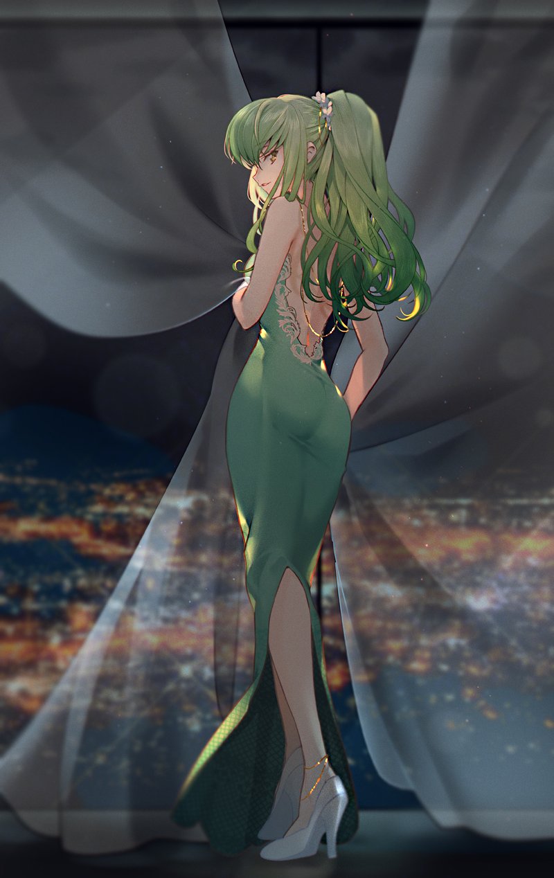 1girl ass breasts c.c. cityscape cleavage code_geass creayus curtains dress full_body green_dress green_hair hairband high_heels highres long_hair looking_at_viewer night night_sky sky solo star_(sky) white_hairband window yellow_eyes