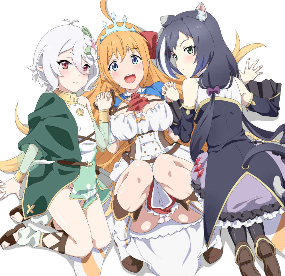 3girls :d all_fours animal_ear_fluff animal_ears antenna_hair ascot bare_shoulders black_hair blue_eyes blue_sleeves blush bow breasts brown_footwear cat_ears cat_girl cat_tail cleavage closed_mouth collarbone corset detached_sleeves dress elf flat_chest flower from_behind gloves green_dress green_eyes green_sleeves hair_between_eyes hair_flower hair_ornament holding_hands karyl_(princess_connect!) kokkoro_(princess_connect!) large_breasts long_hair long_sleeves looking_at_viewer looking_back low_twintails lying multicolored_hair multiple_girls on_back open_mouth orange_hair panties pantyshot pecorine_(princess_connect!) pointy_ears princess_connect! puffy_long_sleeves puffy_sleeves red_ascot red_eyes red_ribbon ribbon see-through see-through_sleeves shoes short_eyebrows short_hair shrug_(clothing) simple_background small_breasts smile split_mouth streaked_hair tail tiara twintails underwear very_long_hair white_background white_dress white_flower white_hair white_panties yellow_bow yoshida_keiji