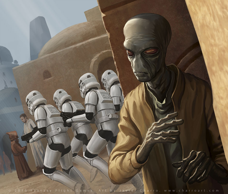 6+boys alien armor artist_name brown_hair brown_robe building colored_skin day duros english_text green_skin gun holding holding_gun holding_weapon javier_charro jawa looking_at_another looking_to_the_side multiple_boys outdoors red_eyes robe short_hair star_wars stormtrooper tatooine town watermark weapon web_address