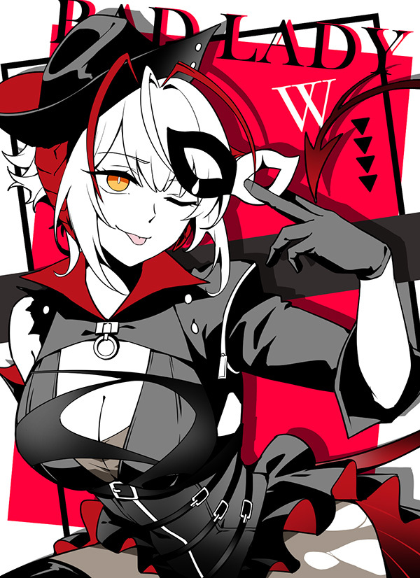 1girl ;p ahoge antenna_hair arknights asymmetrical_gloves asymmetrical_sleeves belt belt_buckle border breasts buckle buttons card card_background character_name chinese_commentary cleavage closed_mouth commentary cowboy_shot demon_girl demon_horns demon_tail domino_mask drop_shadow dyed_ahoge elbow_gloves english_text eye_mask gloves greyscale greyscale_with_colored_background hair_between_eyes hand_up hat high_belt holding holding_mask horns large_breasts leaning leaning_forward leotard long_sleeves looking_at_viewer mask medium_hair monochrome multicolored_clothes multicolored_gloves multicolored_hair multicolored_headwear multicolored_skirt o-ring o-ring_collar official_alternate_costume one_eye_closed outside_border pleated_skirt red_background red_gloves red_hair red_headwear red_horns red_skirt red_tail shadow shirt short_sleeves showgirl_skirt simple_background single_bare_shoulder single_wide_sleeve skirt smile smirk solo spot_color spotlight streaked_hair tail thighhighs tongue tongue_out two-tone_hair uneven_gloves uneven_sleeves w_(arknights) weibo_1834989465 yellow_eyes zipper