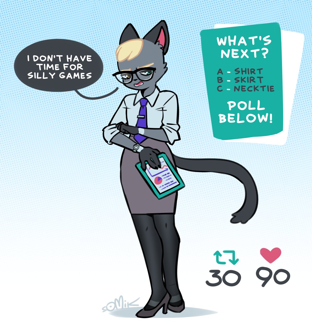 &lt;3 2023 animal_crossing anthro blonde_hair business_suit businesswear clipboard clothed clothing crossdressing dialogue digital_drawing_(artwork) digital_media_(artwork) domestic_cat dress english_text eyewear felid feline felis footwear fur girly glasses grey_body grey_fur hair heterochromia hi_res high_heels legwear male mammal necktie nintendo pantyhose raymond_(animal_crossing) solo somik speech_bubble strip_meme suit text