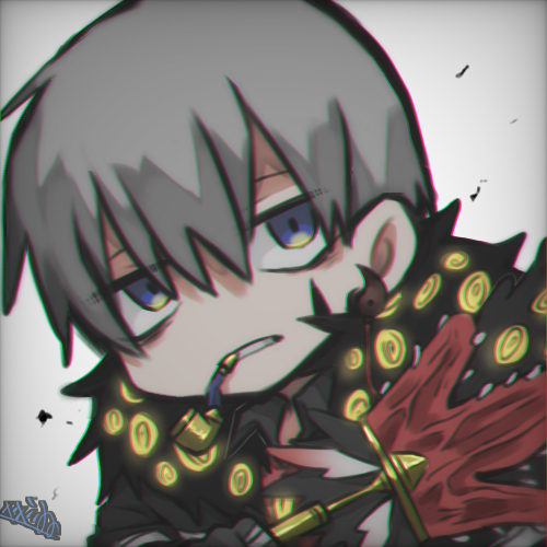 1boy black_gloves black_jacket black_shirt blue_eyes chromatic_aberration collared_shirt commentary_request e.g.o_(project_moon) employee_(lobotomy_corporation) fur-trimmed_jacket fur_trim gloves grey_hair hair_between_eyes jacket lobotomy_corporation lowres male_focus no_nose open_clothes open_jacket pipe_in_mouth project_moon red_vest sanpaku shirt short_hair smoking_pipe solo sumuraku-tadano vest