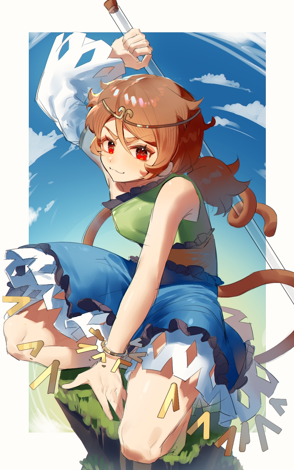 1girl bad_anatomy blue_dress brown_hair chinese_commentary circlet closed_mouth detached_sleeves dress ender_xiaohai green_dress highres holding long_hair low_twintails monkey_tail multicolored_clothes multicolored_dress orange_dress red_eyes ruyi_jingu_bang single_detached_sleeve smile solo son_biten tail test_tube touhou twintails unfinished_dream_of_all_living_ghost white_sleeves