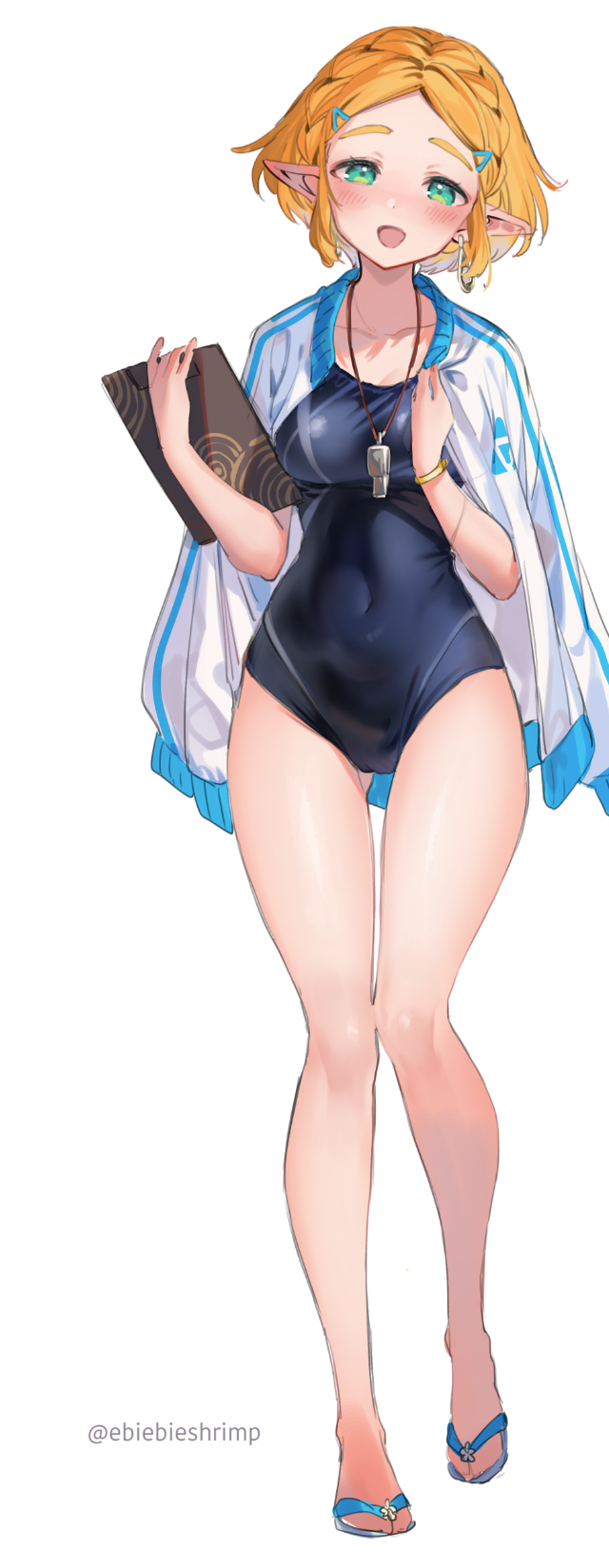 1girl :d ass_visible_through_thighs black_one-piece_swimsuit blonde_hair bracelet braid breasts collarbone commentary_request competition_swimsuit covered_navel crown_braid dangle_earrings earrings full_body green_eyes hair_ornament hairclip highres jacket jacket_on_shoulders jewelry knees_together_feet_apart looking_at_viewer medium_breasts one-piece_swimsuit parted_bangs pointy_ears princess_zelda sandals short_hair shuri_(84k) smile solo swimsuit the_legend_of_zelda the_legend_of_zelda:_tears_of_the_kingdom triforce_print whistle whistle_around_neck white_jacket