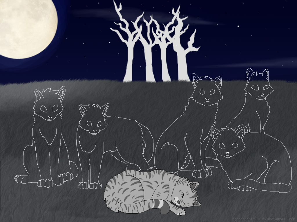 2009 4:3 ambiguous_gender bluekyokitty detailed_background digital_drawing_(artwork) digital_media_(artwork) domestic_cat eyes_closed felid feline felis feral flat_colors fur ghost grass grey_body grey_fur grey_inner_ear_fluff grey_nose group head_tuft inner_ear_fluff jayfeather_(warriors) lying male_(lore) mammal moon night outside plant sitting sleeping spirit standing star tabby_cat tail tree tuft warriors_(cats)