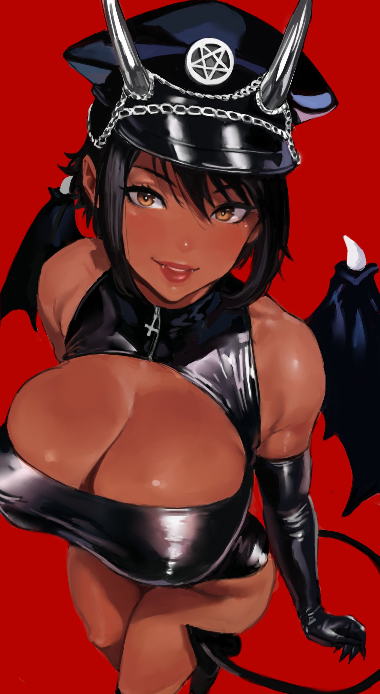 1girl bat_wings black_gloves black_hair black_leotard breasts brown_eyes cleavage cleavage_cutout clothing_cutout covered_nipples dark-skinned_female dark_skin demon_girl demon_horns demon_tail elbow_gloves english_commentary eyeliner fangs from_above gloves hat highres hintobento horns horns_through_headwear huge_breasts latex latex_gloves latex_leotard leotard looking_at_viewer makeup original peaked_cap red_background short_hair solo tail taut_leotard wings