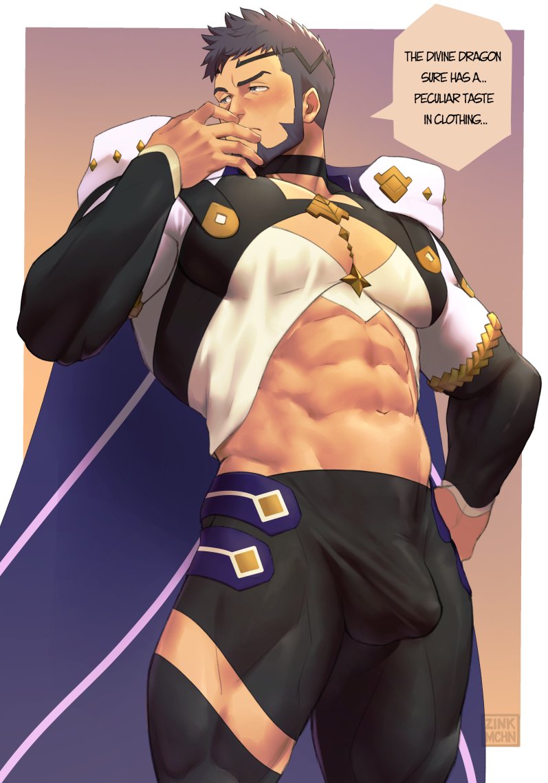 1boy abs bara beard black_hair black_pants blush bulge cape commission dungeon_and_fighter erection erection_under_clothes facial_hair large_pectorals mage_(dungeon_and_fighter) male_focus muscular muscular_male navel original pants pectorals purple_cape short_hair solo thick_thighs thighs zink_(zink_mchn)