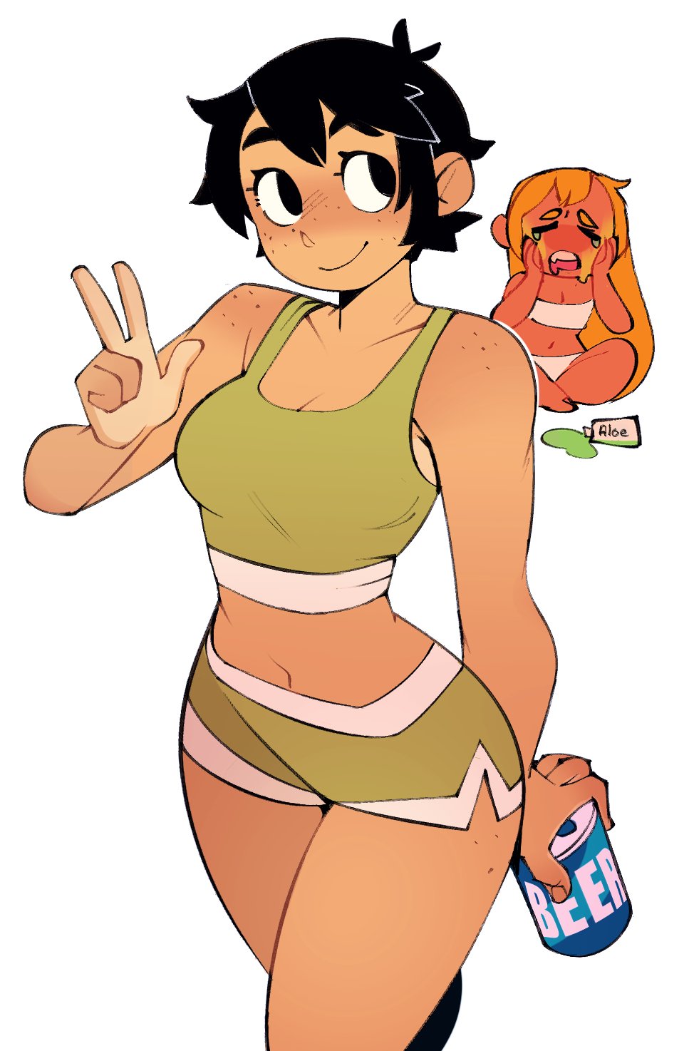 2girls beer_can black_hair blush can collarbone freckles green_shorts green_sports_bra hand_gesture highres holding holding_can long_hair lotion multiple_girls navel negsus orange_hair original short_hair shorts smile sports_bra strapless sunburn tan tears thai_(boonsky) tube_top vanilla_(boonsky) w