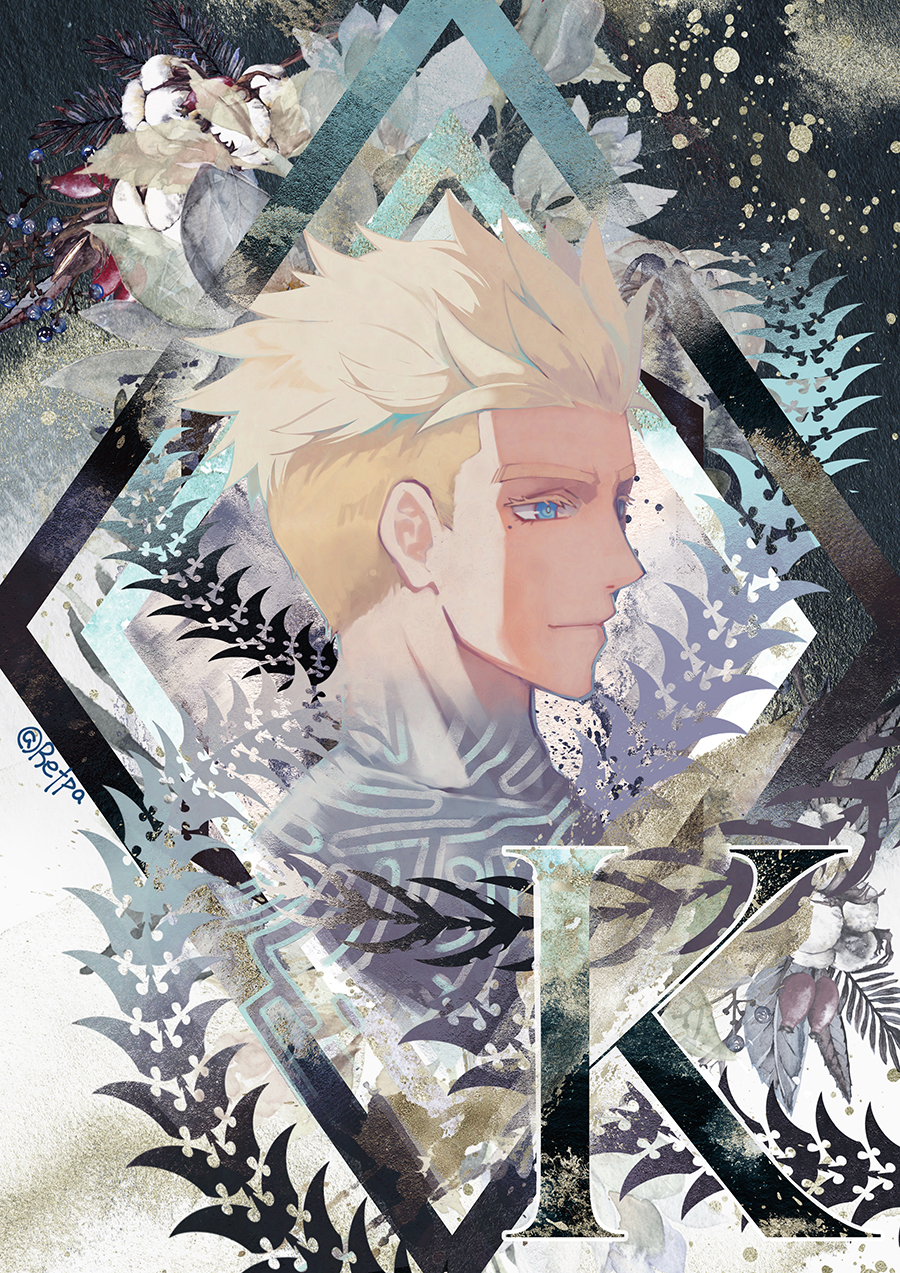 1boy blonde_hair blue_eyes closed_mouth flower highres looking_away male_focus millions_knives mole mole_under_eye portrait retpa solo spiked_hair trigun trigun_stampede twitter_username undercut white_theme