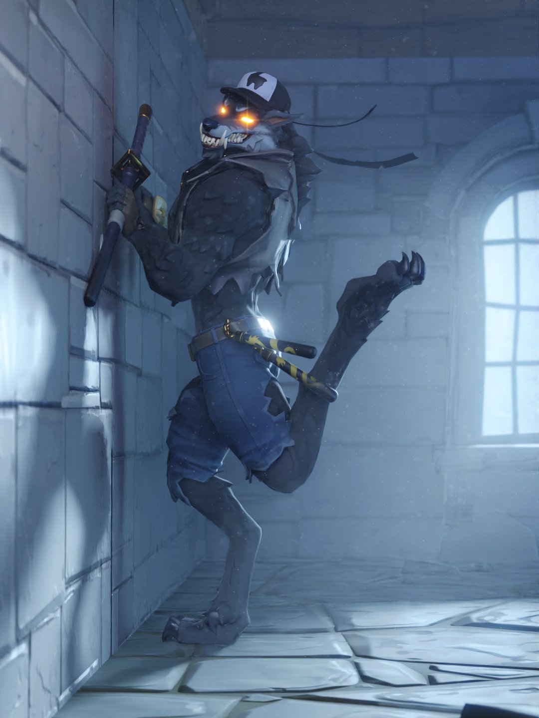 2023 3d_(artwork) anthro belt bottomwear butt canid canine clothed clothing digital_media_(artwork) digitigrade dire_(fortnite) epic_games eyebrows fortnite glowing glowing_eyes hat headgear headwear hi_res male mammal melee_weapon muscular muscular_anthro muscular_male night_striker21 nunchaku outside pose raised_leg sharp_teeth shorts solo sword teeth topwear torn_bottomwear torn_clothing torn_shorts torn_topwear weapon were werecanid werecanine werewolf