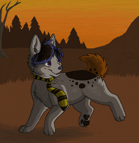 2013 aliasing ambiguous_gender black_body black_fur black_hair black_pawpads blue_nose bluekyokitty brown_body brown_eyes brown_fur canid canine cel_shading detailed_background digital_drawing_(artwork) digital_media_(artwork) digitigrade evening feral feral_with_hair fur grass grey_body grey_fur hair highlights_(coloring) low_res mammal necktie orange_sky outside pattern_necktie pawpads paws plant purple_highlights purple_nose sebdoggo shaded smile solo striped_necktie tail tree two_tone_nose yellow_necktie