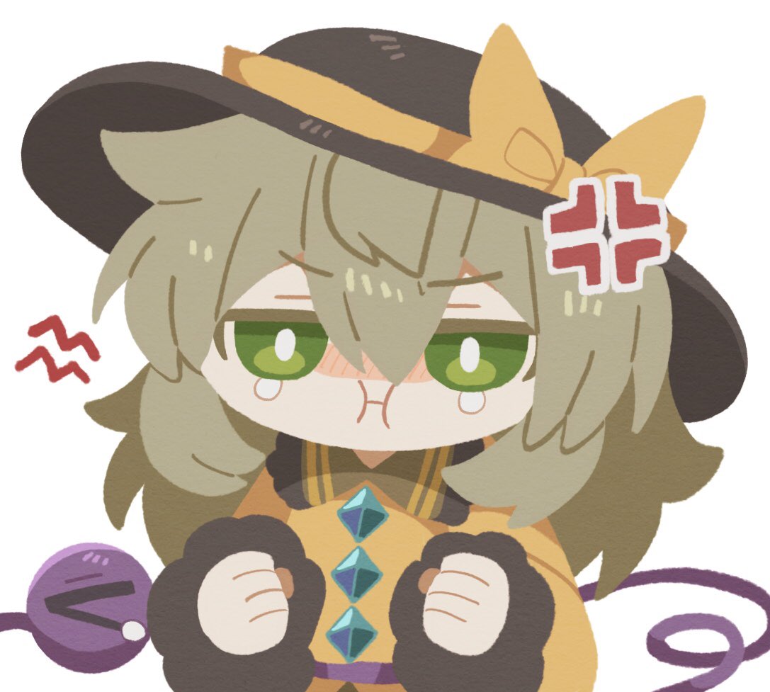&gt;_&lt; 1girl anger_vein angry black_headwear blush bright_pupils buttons cheek_bulge clenched_hand clenched_hands collared_shirt crying crying_with_eyes_open diamond_(shape) diamond_button frilled_shirt frilled_shirt_collar frills green_eyes grey_hair hair_between_eyes hat hat_ribbon komeiji_koishi long_hair long_sleeves nose_blush ribbon shirt sideways_mouth simple_background sleeves_past_wrists tears third_eye touhou veins white_background white_pupils yellow_ribbon yellow_shirt zunusama