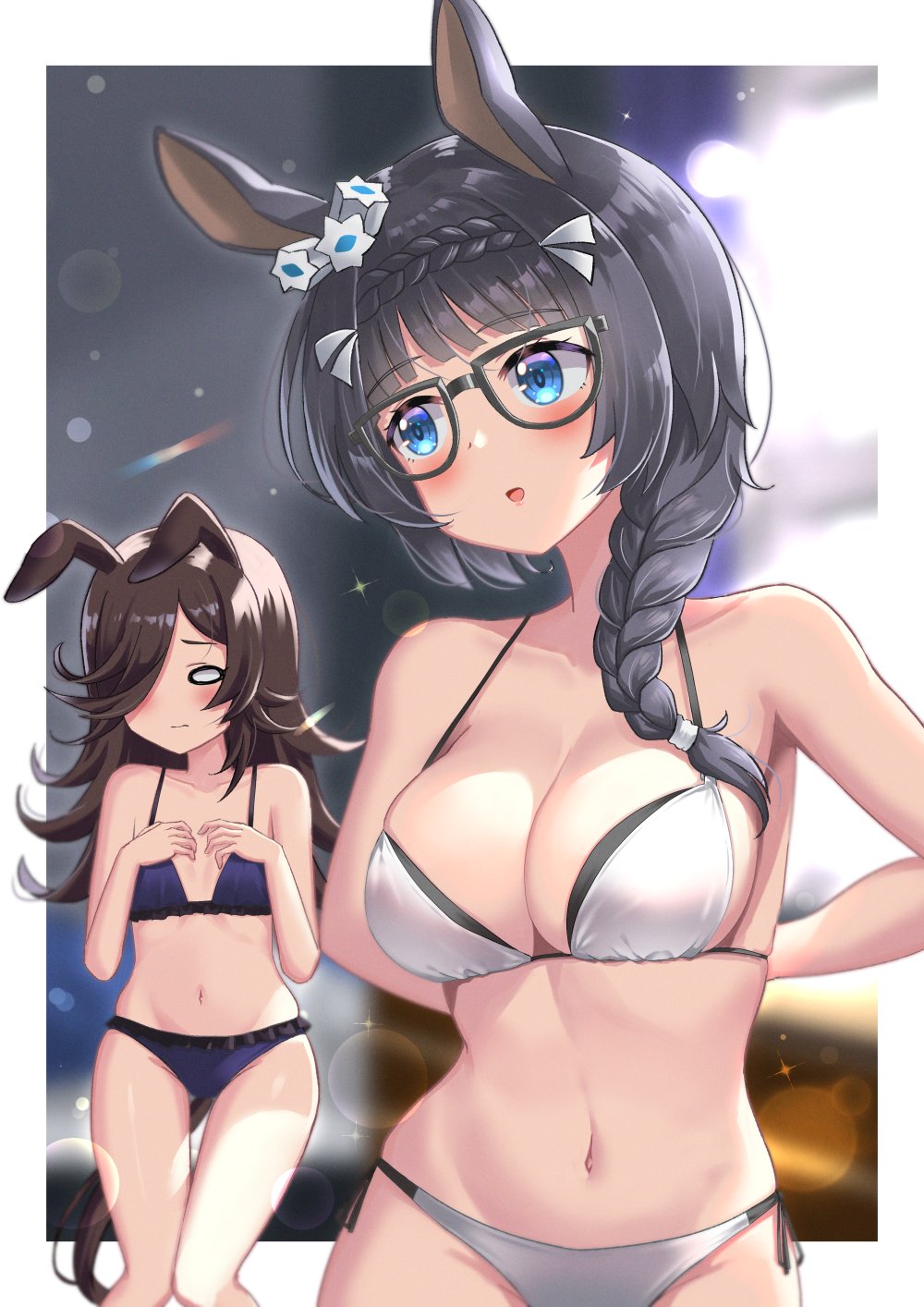 2girls :o animal_ears aqua_bra aqua_panties arms_behind_back bare_shoulders black_hair blue_bra blue_eyes blue_panties blunt_bangs blush bow bow_bra bra braid breast_envy breasts brown_hair camisole cleavage closed_mouth collarbone commentary_request cowboy_shot crown_braid cstv flat_chest frilled_bra frilled_panties frills glasses groin hair_between_eyes hair_over_one_eye hands_on_own_chest highres horse_ears horse_girl horse_tail large_breasts lens_flare light_particles long_hair looking_at_another midriff multiple_girls navel o_o open_mouth panties rice_shower_(umamusume) side_braid sidelocks standing tail umamusume underwear underwear_only white_camisole white_panties zenno_rob_roy_(umamusume)
