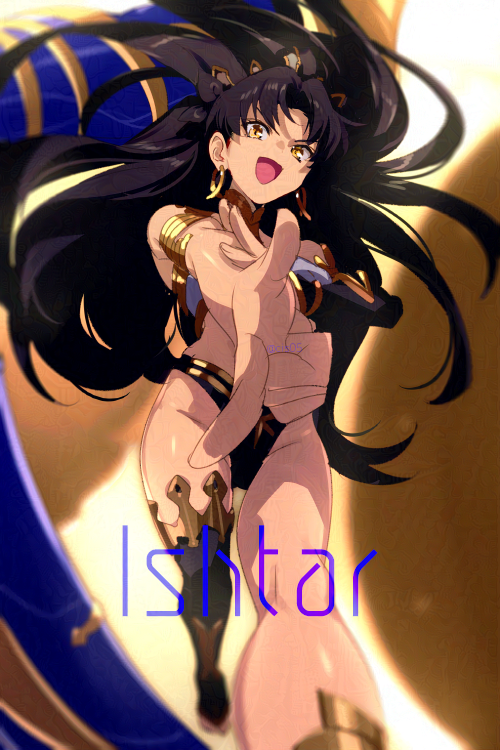 1girl armlet bikini black_hair black_thighhighs bracelet breasts character_name detached_sleeves earrings echo_(circa) fate/grand_order fate_(series) gold_trim hair_ribbon heavenly_boat_maanna hoop_earrings ishtar_(fate) jewelry long_hair looking_at_viewer medium_breasts mismatched_bikini neck_ring open_mouth parted_bangs pointing pointing_at_viewer ribbon single_detached_sleeve single_thighhigh smile solo swimsuit thighhighs thighlet tiara two_side_up yellow_eyes