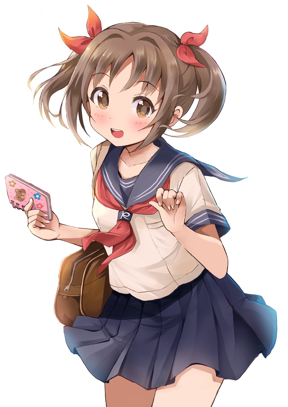 1girl bag blue_sailor_collar blue_skirt blush bow breasts brown_eyes brown_hair cowboy_shot dot_nose hair_bow hair_ribbon hands_up highres holding holding_notebook idolmaster idolmaster_cinderella_girls idolmaster_cinderella_girls_starlight_stage imai_kana long_hair looking_at_viewer medium_breasts michii_yuuki neckerchief notebook open_mouth pleated_skirt red_neckerchief red_ribbon ribbon sailor_collar school_bag school_uniform serafuku shirt short_sleeves shoulder_bag simple_background skirt smile solo standing teeth twintails upper_teeth_only white_background white_shirt