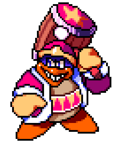 1boy blue_eyes blue_fur english_commentary full_body fur_trim furry furry_male gloves hammer hat holding holding_hammer king_dedede kirby_(series) long_sleeves lowres megadinkloid open_clothes open_robe over_shoulder pixel_art pom_pom_(clothes) red_headwear red_robe red_sash robe sash smile star_(symbol) teeth transparent_background triangle_print two-tone_sash v-shaped_eyes weapon weapon_over_shoulder yellow_gloves yellow_sash
