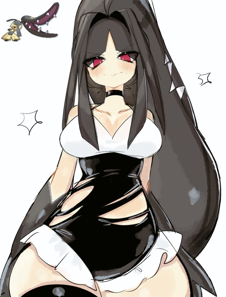 1girl black_choker black_hair black_thighhighs blush breasts choker closed_mouth collarbone dress large_breasts looking_at_viewer mawile pokemon pokemon_(creature) ponytail red_eyes simple_background solo standing thick_thighs thighhighs thighs torn_clothes torn_dress usa37107692 white_background wide_hips