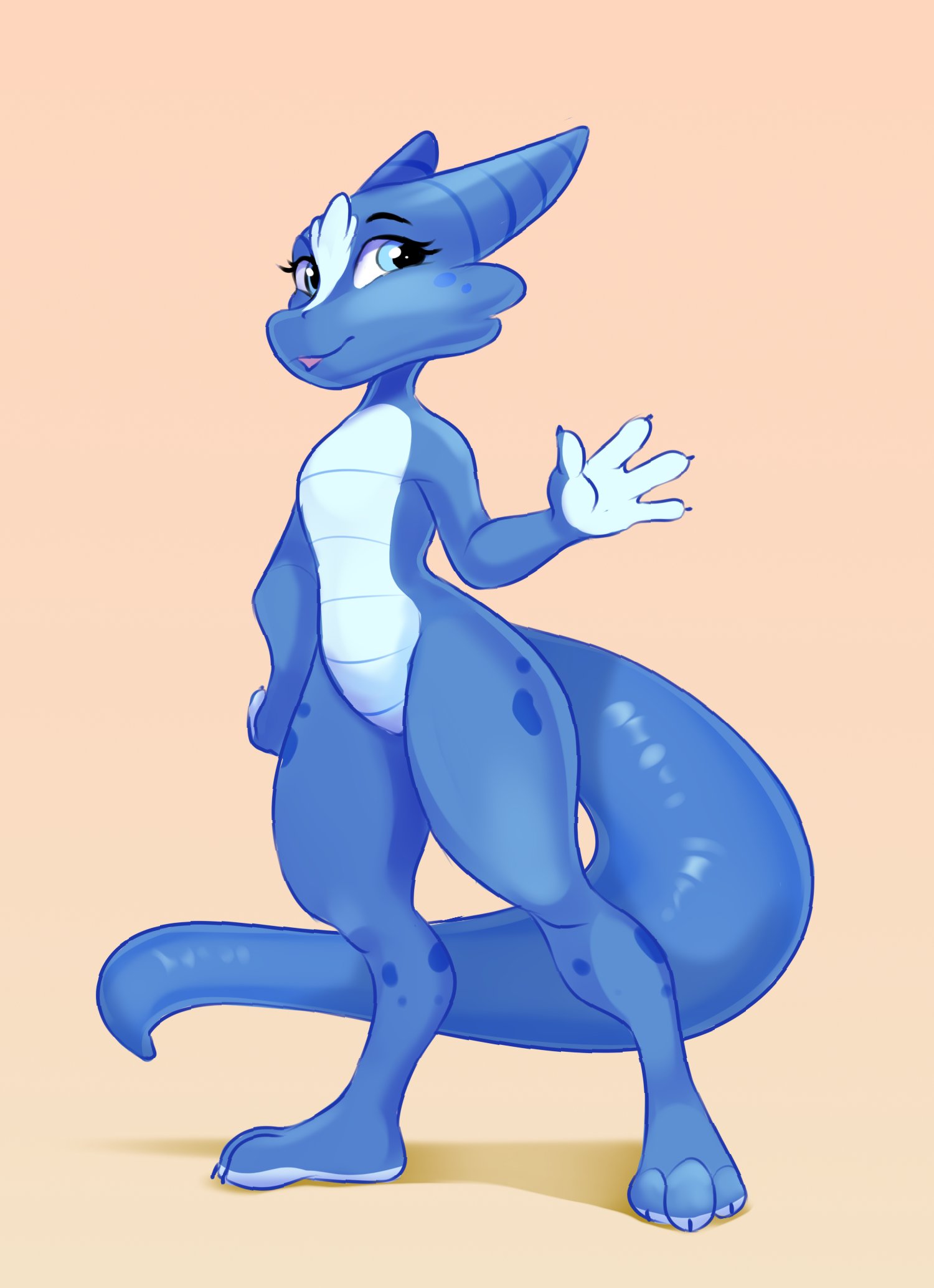 2023 2_horns 3_toes 4_fingers anthro big_tail blue_body blue_scales blue_skin blue_tail claws digital_media_(artwork) eyelashes feet female fingers hi_res horn kittytitikitty kobold long_tail scales scalie simple_background smile solo tail thick_thighs toe_claws toes