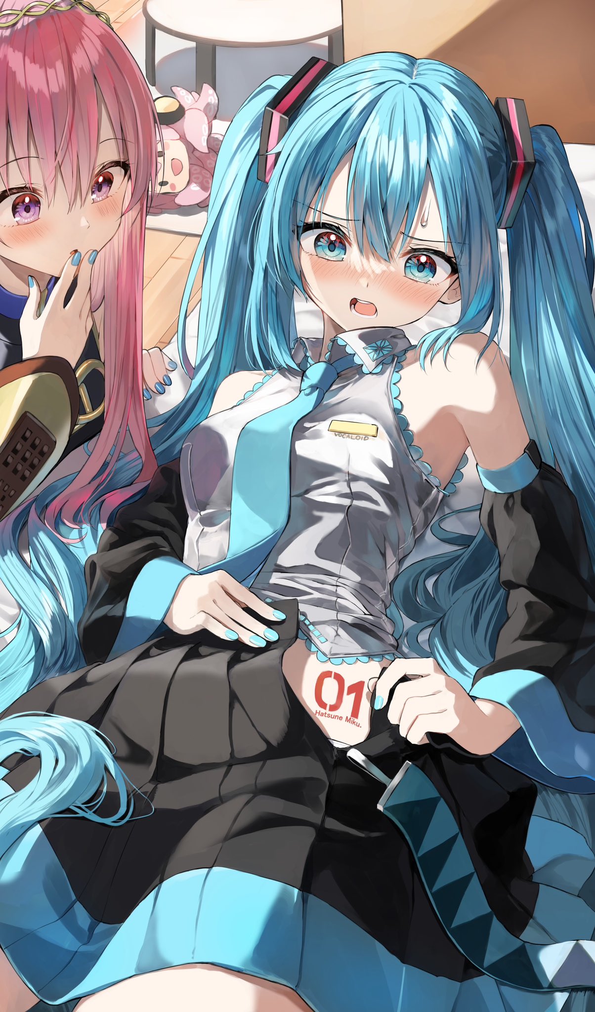2girls :o black_skirt black_sleeves blue_eyes blue_hair blue_nails blue_necktie blush breasts character_name commentary_request detached_sleeves grey_shirt hair_between_eyes hand_to_own_mouth hatsune_miku highres indoors long_hair long_sleeves lying megurine_luka multiple_girls nail_polish necktie on_back on_bed open_clothes open_mouth open_skirt parted_lips pentagon_(railgun_ky1206) pink_hair pleated_skirt purple_eyes shirt skirt sleeveless sleeveless_shirt small_breasts sweat takoluka twintails very_long_hair vocaloid wide_sleeves