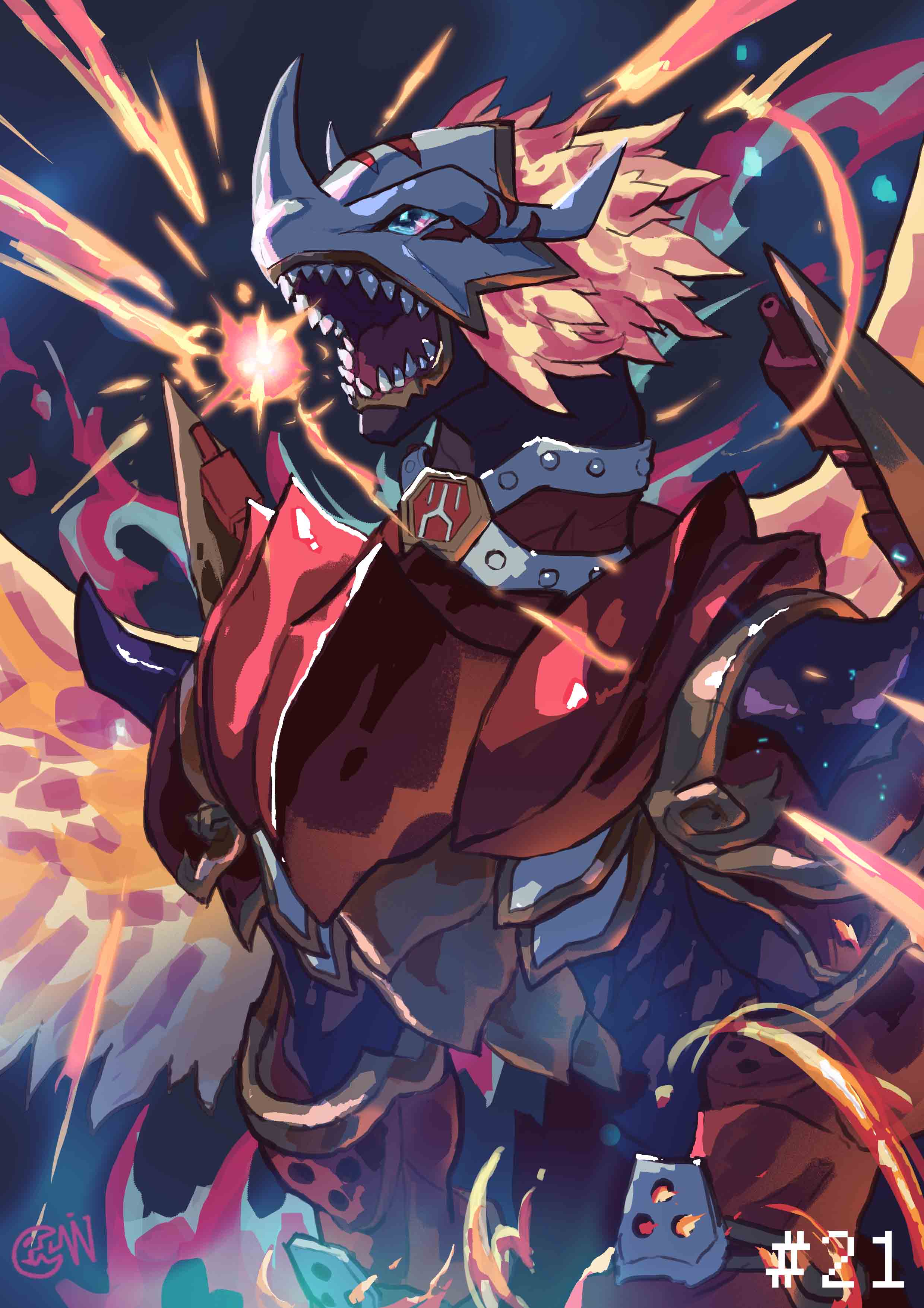 1other absurdres ancientgreymon armor blue_eyes breathing_fire cwdw digimon digimon_(creature) fire fireball highres horns no_humans numbered open_mouth sharp_teeth solo teeth watermark wings