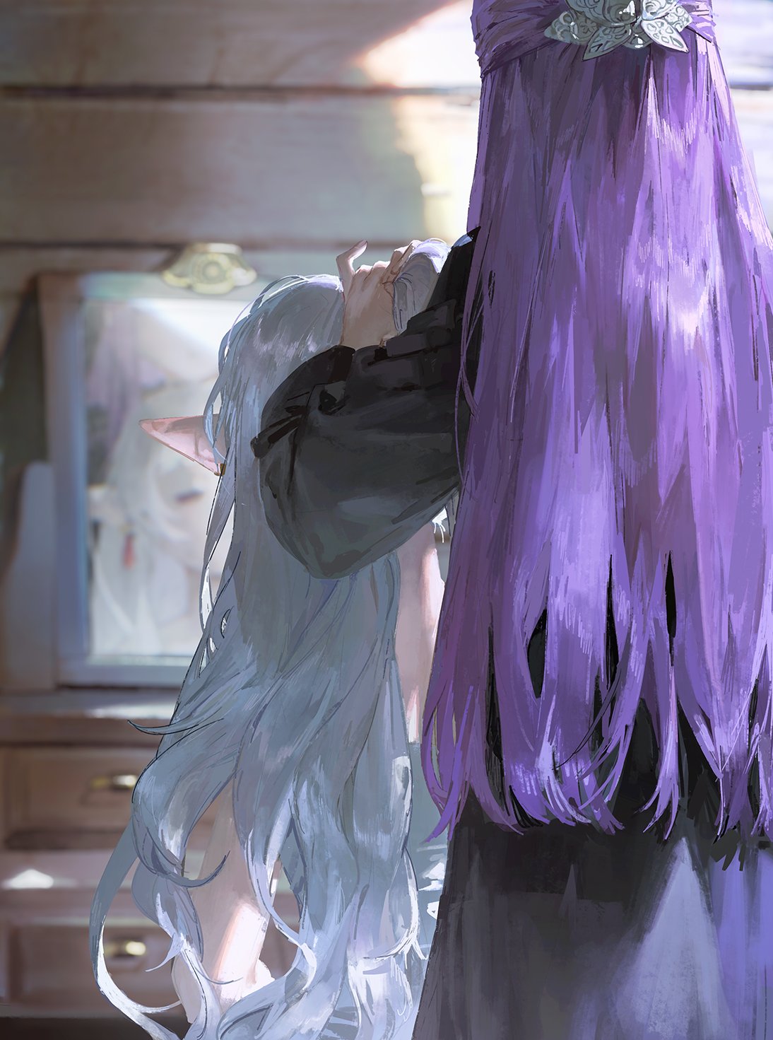 2girls =_= black_robe closed_eyes fern_(sousou_no_frieren) frieren from_behind grey_hair half_updo highres indoors long_hair mirror multiple_girls pointy_ears purple_hair quasarcake reflection robe sitting sleepy sousou_no_frieren tying_another's_hair very_long_hair