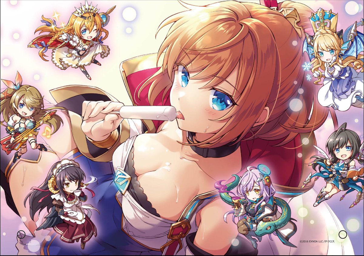 6+girls ahoge alisa_(kamihime_project) amon_(kamihime_project) apron artist_request asclepius_(kamihime_project) bat_wings black_collar black_hair black_wings blonde_hair blue_eyes blue_skirt blue_wings blush book boots bow bracelet braid breasts cape chibi cleavage clothing_cutout coat collar collarbone company_name copyright_notice covered_navel crown cup curly_hair cyclops_(kamihime_project) demon_horns detached_sleeves djehuti_(kamihime_project) dragon_tail dress drill_hair dripping eating electric_guitar feathered_wings food food_on_body food_on_breasts frills gloves gradient_background guitar hair_bow hair_ornament hair_ribbon hand_on_own_cheek hand_on_own_face heavenly_ice_catastrophe holding holding_book holding_cup holding_food holding_popsicle holding_quill holding_saucer horns instrument jacket jewelry kamihime_project knee_boots large_breasts licking light_particles long_hair looking_at_viewer looking_to_the_side maid maid_apron maid_headdress melting midriff multiple_girls musical_note navel navel_cutout official_art one_eye_closed open_book orange_hair outstretched_arm pantyhose parted_lips playing_guitar pleated_skirt ponytail popsicle purple_hair quill reaching red_gloves ribbon saucer sideways_glance sitting skirt smile smoke snake snowflakes sol_(kamihime_project) sparkle sweat tail teacup thigh_strap thighhighs tongue tongue_out twin_braids undershirt white_gloves wings yellow_eyes