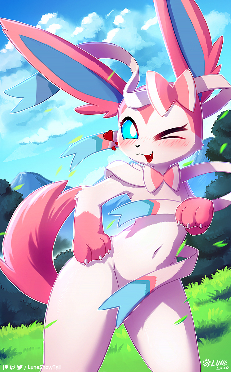 &lt;3 2020 anthro artist_name biped blue_sclera blush bow_(anatomy) claws cloud covering covering_chest covering_crotch dated digital_media_(artwork) eeveelution female finger_claws fur generation_6_pokemon grass hair_bow_(anatomy) hand_on_hip hand_on_own_hip handpaw hi_res looking_at_viewer lunesnowtail mountain navel neck_bow_(anatomy) nintendo nude one_eye_closed open_mouth paws pink_body pink_fur plant pokemon pokemon_(species) ribbons_(anatomy) shaded sky solo standing sylveon white_body white_eyes white_fur wink winking_at_viewer