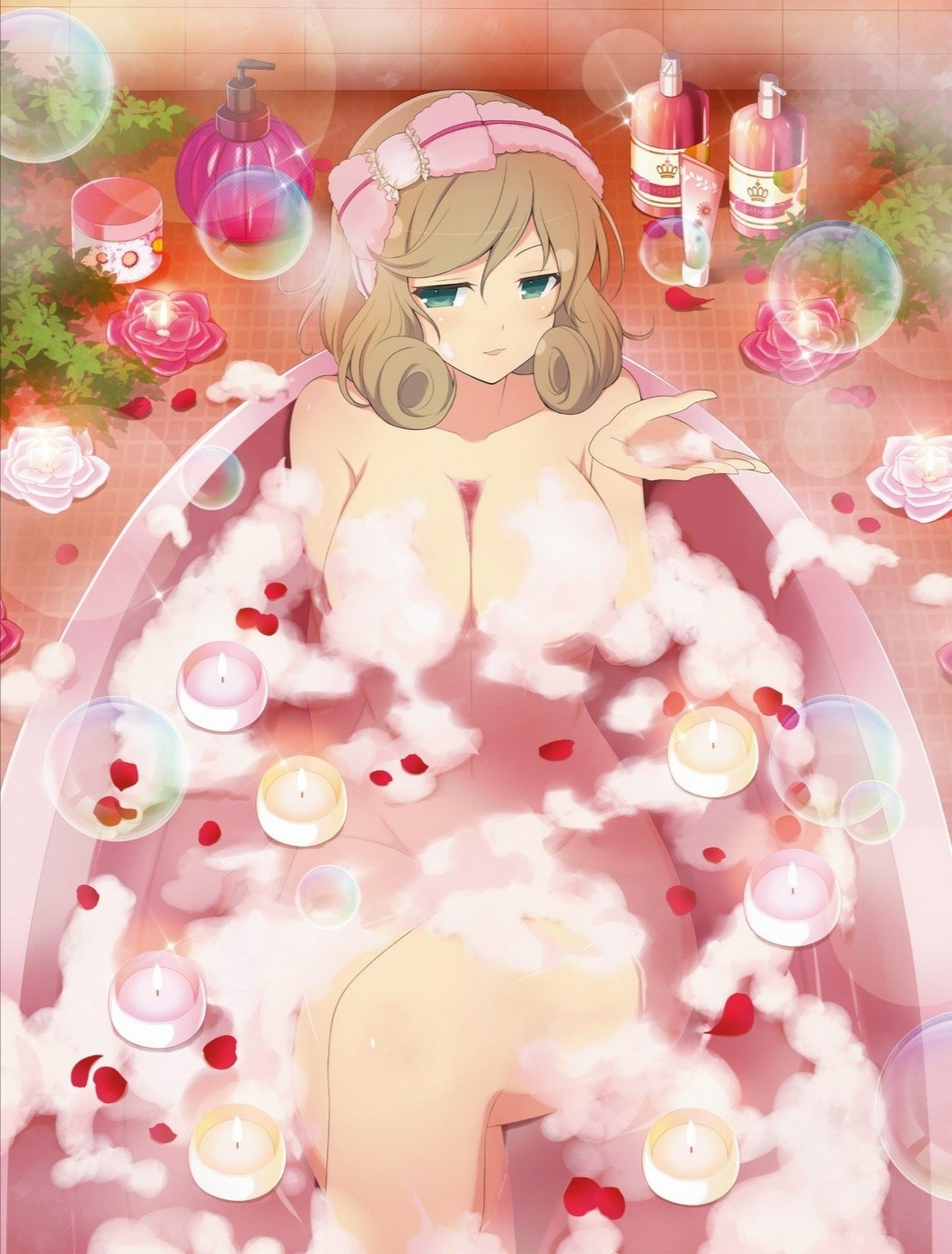 1girl bath bathing bathtub between_breasts bottle bow breasts brown_hair bubble candle cleavage completely_nude convenient_censoring cream curly_hair fire flame flower green_eyes hair_bow haruka_(senran_kagura) highres large_breasts light_brown_hair looking_at_viewer nude official_art one_eye_closed open_mouth petals petals_on_liquid pink_bow plant potted_plant red_flower red_rose rose rose_petals senran_kagura senran_kagura_new_link senran_kagura_shoujo-tachi_no_shin'ei short_hair smile soap_bottle soap_bubbles soap_censor solo tile_wall tiles towel towel_on_head white_flower white_rose yaegashi_nan