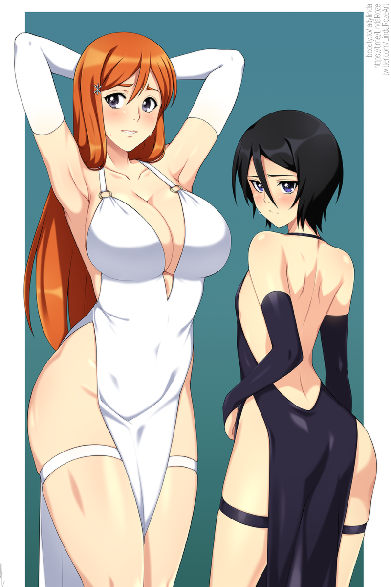 2girls armpits arms_behind_head ass bare_back bare_hips bare_shoulders black_dress black_eyes black_gloves black_hair bleach blue_background breasts cleavage collarbone commentary commission dress elbow_gloves english_commentary facing_viewer gloves highres inoue_orihime kuchiki_rukia lindaroze long_hair looking_back multiple_girls navel orange_hair paid_reward_available purple_eyes short_hair shy simple_background small_breasts standing thigh_strap thighs twitter_username web_address white_dress white_gloves