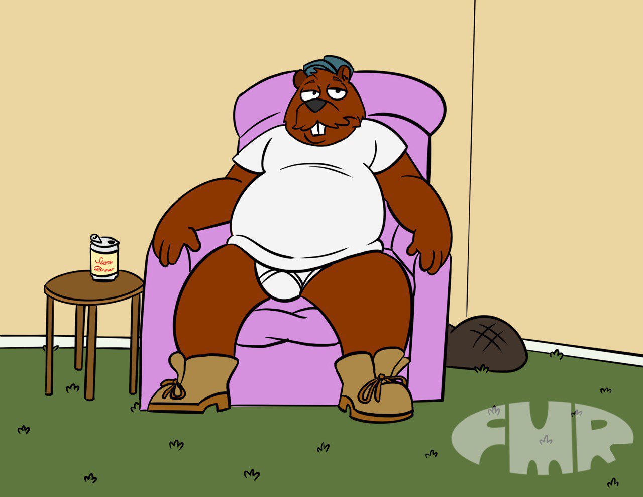 alcohol anthro beaver beer beverage beverage_can black_nose boots briefs brown_body brown_boots brown_clothing brown_footwear brown_fur buckteeth carpet clothing footwear foxmanad fur furniture green_carpet grey_clothing grey_hat grey_headwear hat headgear headwear male mammal mature_male pantsless rodent shirt sitting smile sofa solo t-shirt table tan_wall teeth tighty_whities topwear underwear white_briefs white_clothing white_underwear wood wood_furniture wood_table