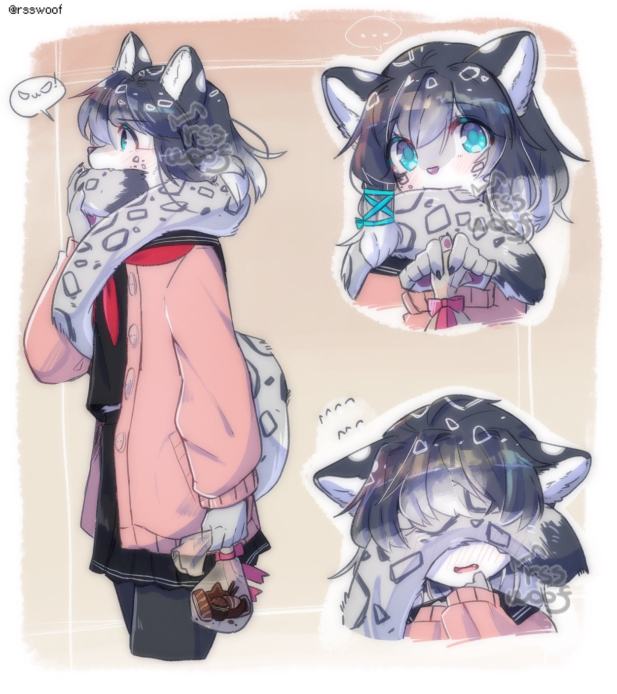 anthro blue_eyes bottomwear clothing covering covering_eyes covering_face felid female hi_res jacket mammal nom pantherine rsswoof shirt simple_background skirt snow_leopard solo tail_nom topwear