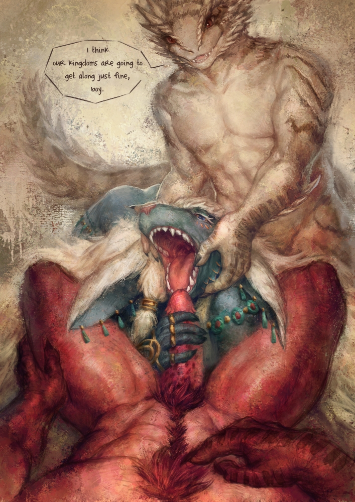 2023 aeschna all_fours anthro ass_up body_hair claws detailed digital_media_(artwork) digital_painting_(artwork) dragon ear_piercing english_text erection first_person_view fur gaping_mouth genitals grey_body group group_sex hair handjob holding_head ike_(iukekini) jewelry lizard long_hair looking_at_viewer male male/male male_pov muscular muscular_male nintendo nude open_mouth oral penile penis piercing rauru_(tears_of_the_kingdom) red_body reptile ring_(jewelry) scales scalie sex simple_background speech_bubble tail tan_body tears_of_the_kingdom teeth texas_horned_lizard text the_legend_of_zelda tongue trio white_hair zartersus zonai