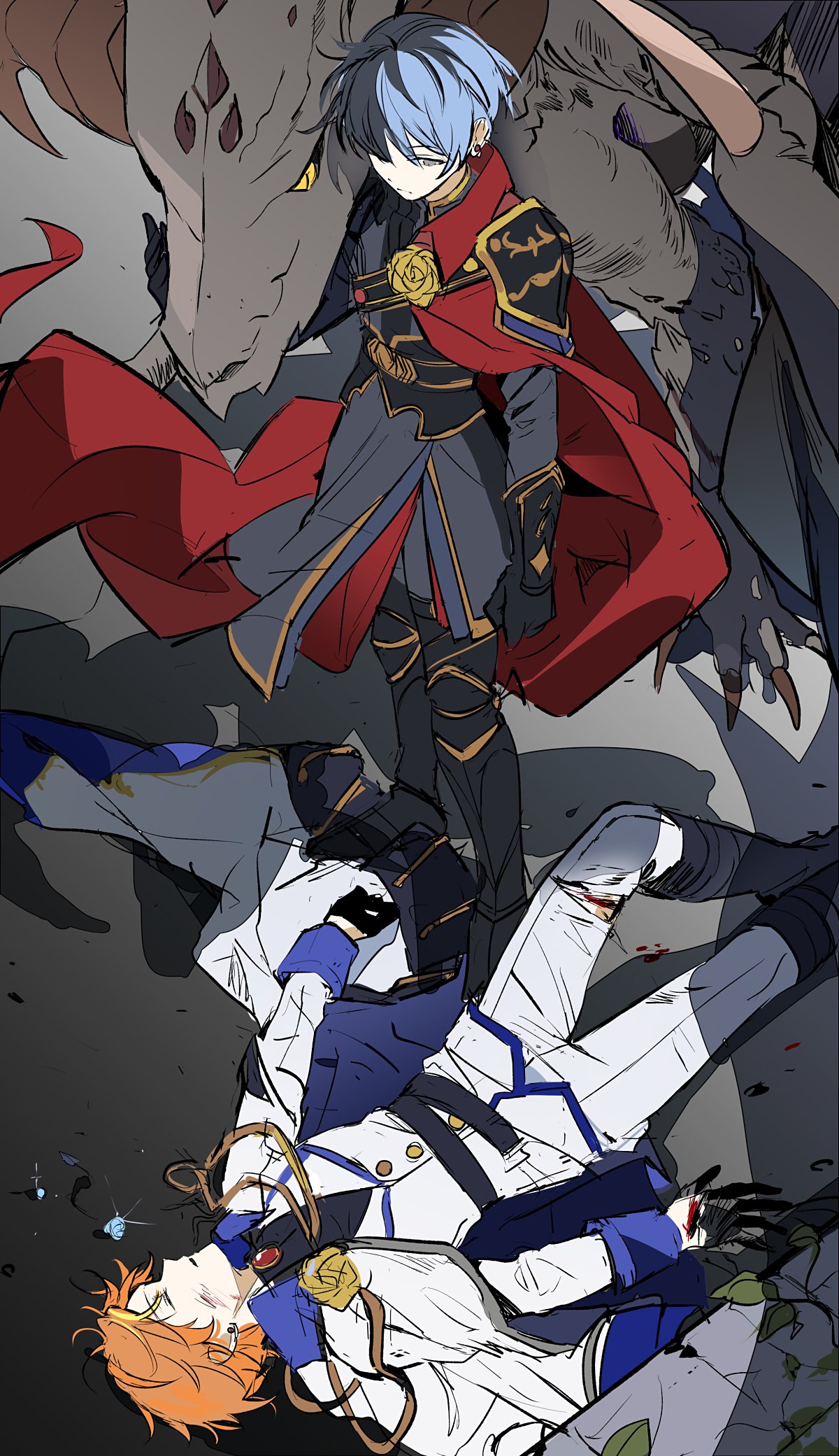 2boys aoyagi_touya black_footwear black_gloves blonde_hair blood blue_hair boots buttons cape closed_eyes closed_mouth collared_shirt colored_sclera dark_blue_hair dragon earrings gloves grey_eyes highres iwatnc jewelry kaitou_shinshi_no_harahara!?_white_day_(project_sekai) knee_boots long_sleeves male_focus multicolored_hair multiple_boys never_give_up_cooking!_(project_sekai) official_alternate_costume official_alternate_hairstyle orange_hair project_sekai shinonome_akito shirt streaked_hair two-tone_hair yellow_sclera