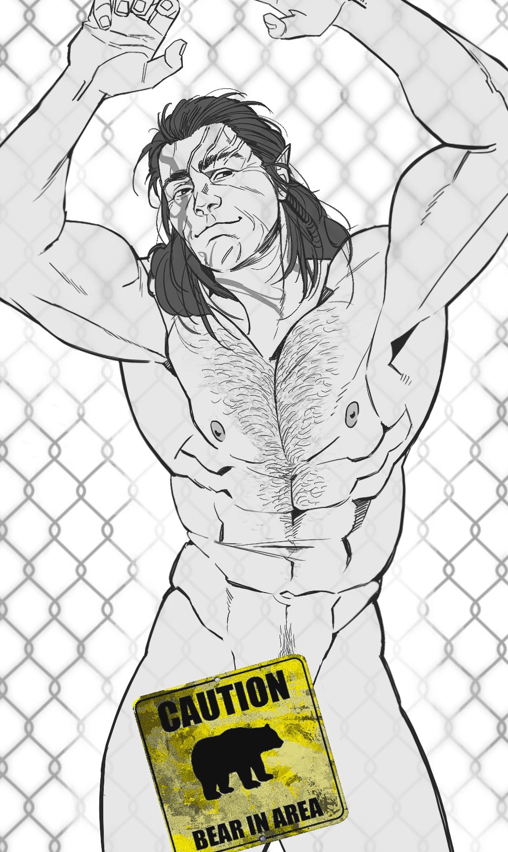 1boy animal_print arms_up baldur's_gate baldur's_gate_3 bara bear_print bonjourdraws censored chest_hair completely_nude dungeons_and_dragons elf feet_out_of_frame fence greyscale halsin highres large_pectorals male_focus mature_male medium_hair monochrome muscular muscular_male navel_hair nipples nude pectorals pointy_ears sign smile solo spot_color standing thick_eyebrows warning_sign