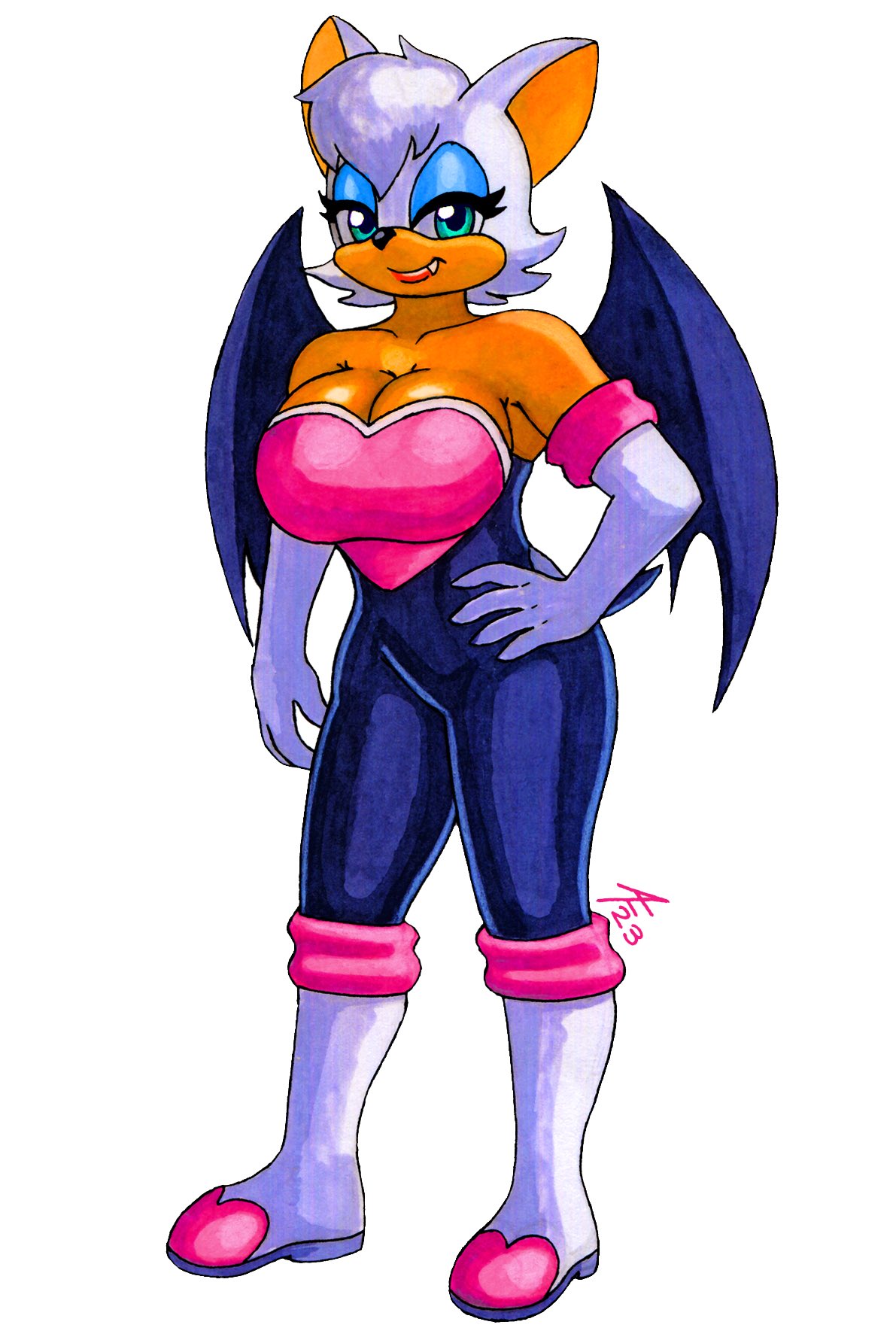 aaronhibiki anthro armwear bat big_breasts bodysuit boots breasts cleavage clothed clothing cute_fangs elbow_gloves eyeshadow female footwear gloves green_eyes half-closed_eyes handwear hi_res huge_breasts lips makeup mammal narrowed_eyes rouge_the_bat sega short_stack simple_background skinsuit solo sonic_the_hedgehog_(series) tan_body tan_skin thick_lips thick_thighs tight_clothing white_background wings