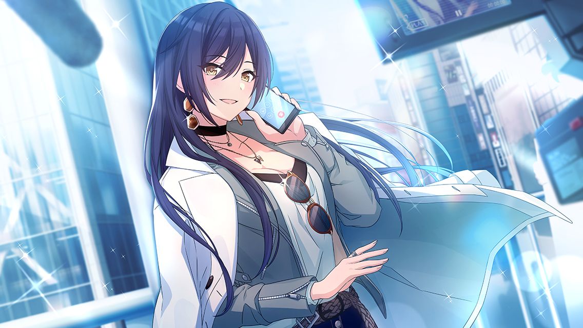 1girl belt black_choker black_hair blurry blurry_background blush breasts building cellphone choker city cleavage coat collarbone commentary day dutch_angle earrings eyewear_on_clothing game_cg glint grey_jacket hair_between_eyes holding holding_phone idolmaster idolmaster_shiny_colors jacket jewelry large_breasts lens_flare long_hair looking_at_viewer necklace official_art open_clothes open_jacket outdoors phone ring shirase_sakuya shirt smartphone smile solo sparkle sunglasses talking_on_phone upper_body white_coat white_shirt yellow_eyes zipper