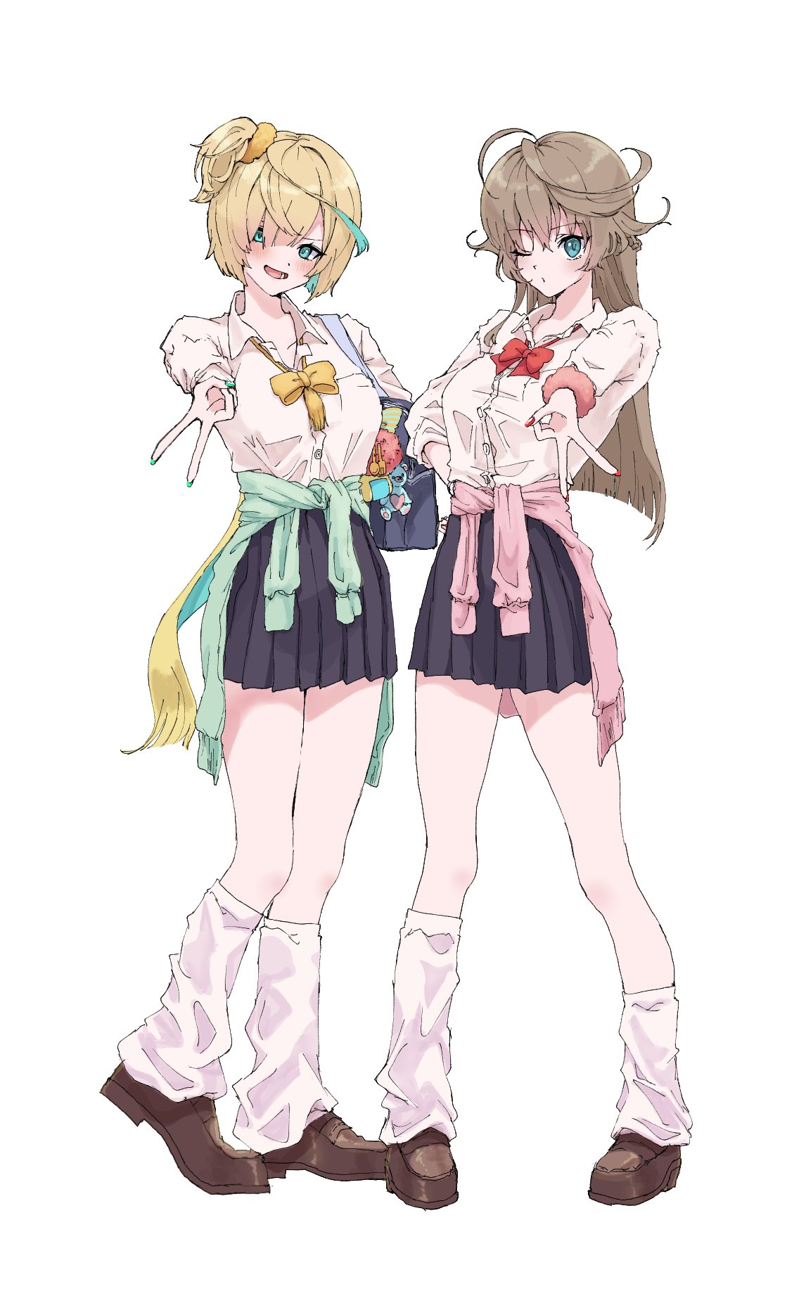 2girls ahoge aqua_eyes aqua_hair aqua_nails bag bag_charm black_skirt blonde_hair bow bowtie brown_hair cardigan cardigan_around_waist charm_(object) clothes_around_waist full_body green_cardigan gyaru gyaru_v hand_up highres honebami_toushirou_(tenka_hyakken) iiruka495 inaba_gou_(tenka_hyakken) loafers long_hair loose_socks low_ponytail multicolored_hair multiple_girls nail_polish one_eye_closed open_collar open_mouth parted_lips pink_cardigan pleated_skirt red_nails school_bag school_uniform scrunchie shirt shoes side_ponytail skirt socks standing streaked_hair tenka_hyakken two-tone_hair v white_background white_shirt wing_collar wrist_scrunchie