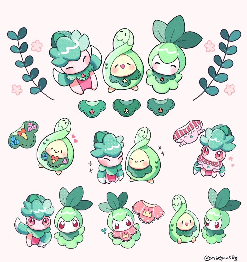 +++ :d ^_^ animal_focus blush budew closed_eyes colored_skin commentary_request fomantis green_skin leaf mochopaccho no_humans petilil pokemon pokemon_(creature) red_eyes sitting smile solid_oval_eyes twitter_username white_background white_skin