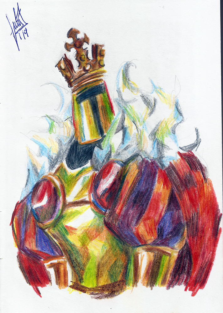 1boy armor avielsusej cape cropped_torso crown dated facing_viewer fur_trim helmet king_knight red_cape shovel_knight signature simple_background traditional_media upper_body white_background