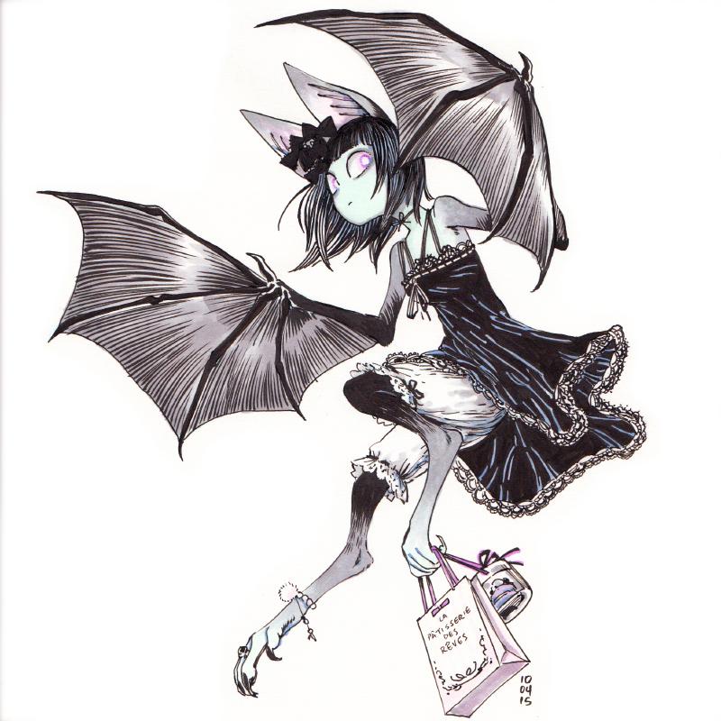1girl animal_ears anklet bag bat_ears bat_girl bat_wings black_bow black_dress black_hair bloomers bow dated digitigrade dress flying full_body jewelry looking_at_viewer monster_girl original pale_skin pink_eyes rem_(tsulala) shopping_bag simple_background solo white_background white_bloomers winged_arms wings