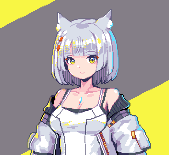 animal_ears bare_shoulders blunt_bangs breasts cat_ears chest_jewel cleavage gem grey_hair hair_ornament hair_tie jacket jacket_on_shoulders kemonomimi_mode light_smile medium_breasts military military_vehicle mio_(xenoblade) motor_vehicle pale_skin pixel_art pixelated pixels short_hair smile taka_(takadesu321) tank two-tone_background xenoblade_chronicles_(series) xenoblade_chronicles_3 yellow_eyes