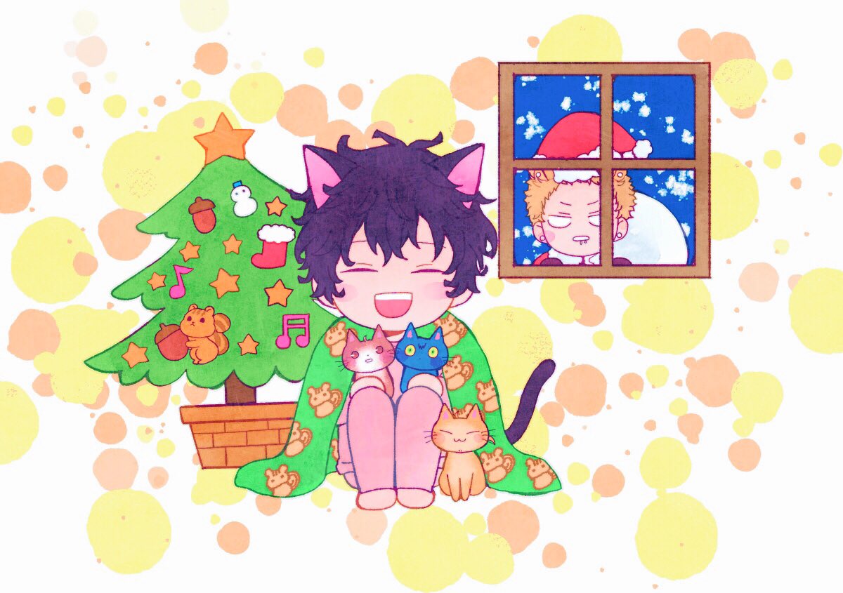 2boys animal_ears bibibimix39 black_cat cape cat cat_boy cat_ears chibi christmas christmas_tree given green_cape hat kaji_akihiko looking_through_window male_focus multiple_boys murata_ugetsu musical_note open_mouth orange_cat plant potted_plant red_cat santa_costume santa_hat smile squirrel white_background window