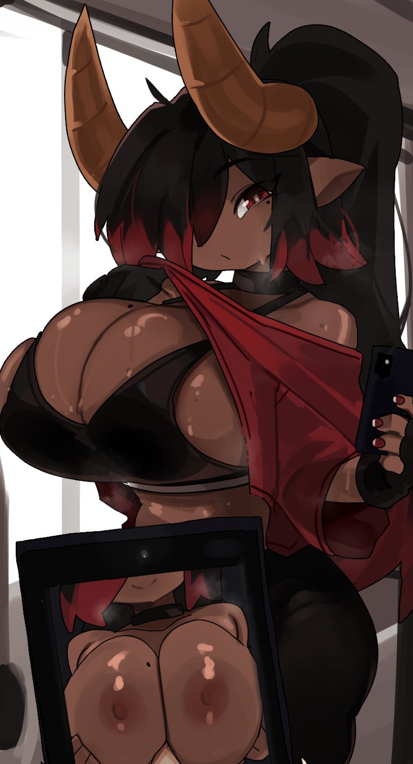 animal_humanoid big_breasts black_hair bovid bovid_humanoid bovine bovine_humanoid breast_play breasts cattle_humanoid choker colored_nails dark_body dark_skin duo female genitals hair hi_res holding_object holding_phone horn horned_humanoid huge_breasts humanoid inside jewelry long_hair looking_at_viewer male male/female mammal mammal_humanoid markings mole_(marking) mole_on_breast mole_under_eye nails necklace nipples penis phone ponytail red_eyes red_hair red_nails sex skindentation smile standing titfuck zanamaoria