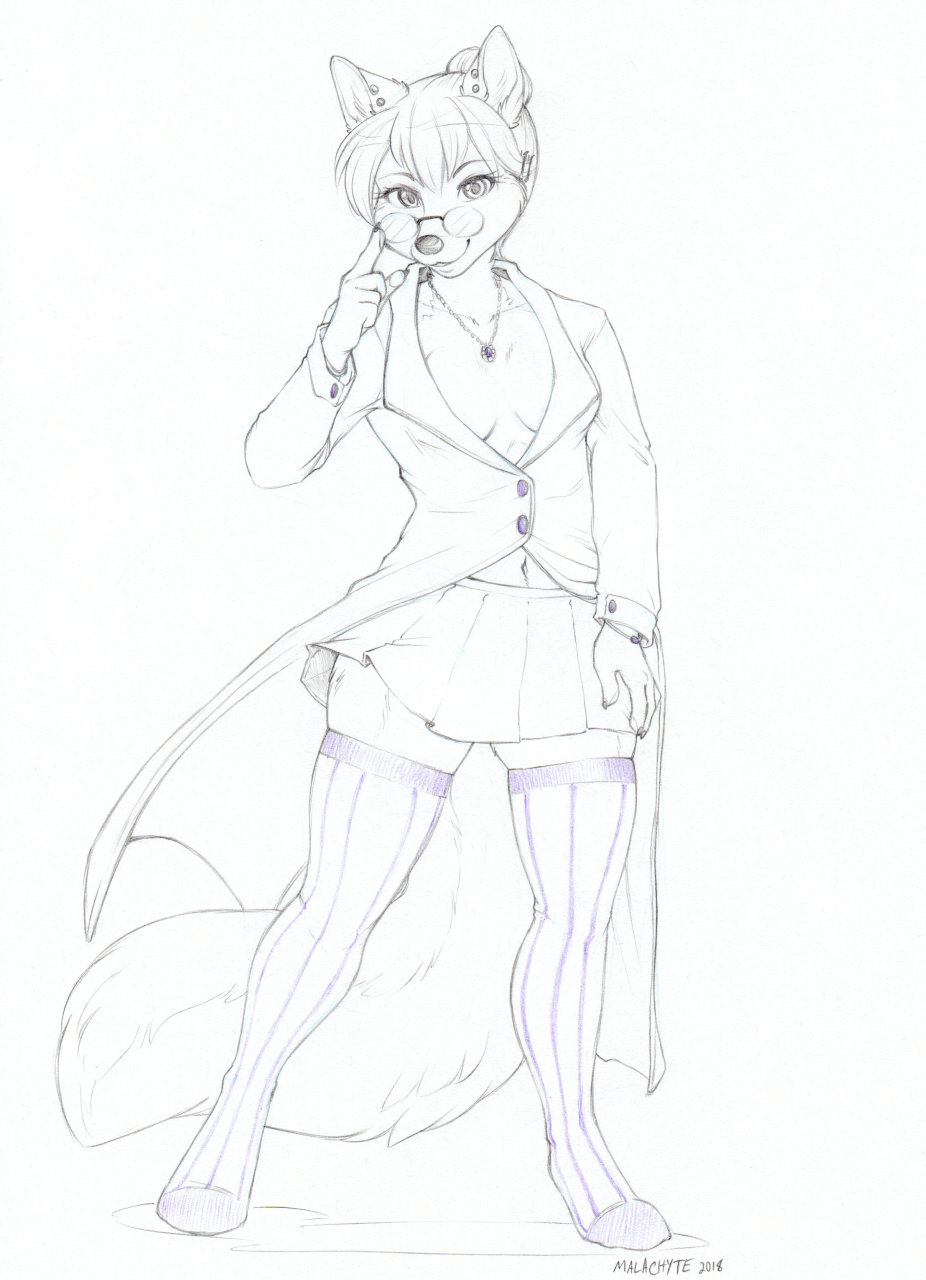 2017 absolute_territory accessory anthro biped black_and_white bottomwear breasts canid canine claws closed_smile clothed clothing coat ear_piercing eyebrows eyewear female fluffy fluffy_tail fox front_view glasses hair hair_accessory hair_bun hairclip hi_res jewelry kitsune_suzzo legwear looking_at_viewer malachyte mammal miniskirt monochrome mouth_closed navel necklace piercing short_hair simple_background sketch skirt small_breasts solo standing stockings tail thigh_highs topwear white_background