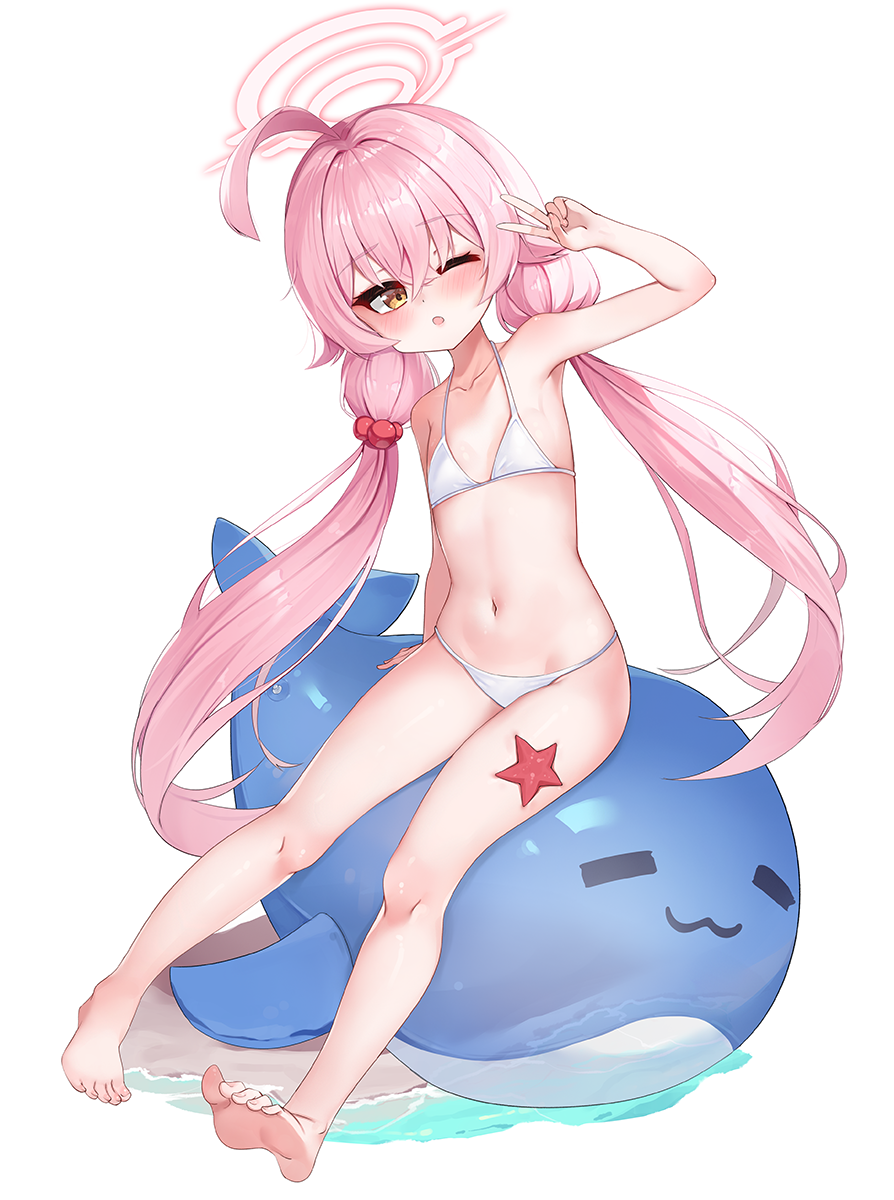 1girl 2drr ahoge arm_up armpits barefoot bikini blue_archive blush breasts brown_eyes feet halo highres hoshino_(blue_archive) hoshino_(swimsuit)_(blue_archive) inflatable_toy inflatable_whale legs long_hair looking_at_viewer low_twintails navel one_eye_closed open_mouth pink_hair sitting small_breasts soles solo starfish stomach swimsuit thighs toes twintails v very_long_hair white_bikini