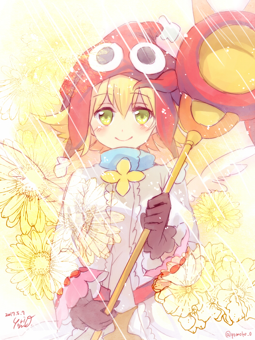 1girl amitie_(puyopuyo) blonde_hair blush flower gloves green_eyes hat holding holding_staff looking_at_viewer lying on_back puyopuyo red_amitie red_headwear short_hair solo staff white_wings wings yoriyomo