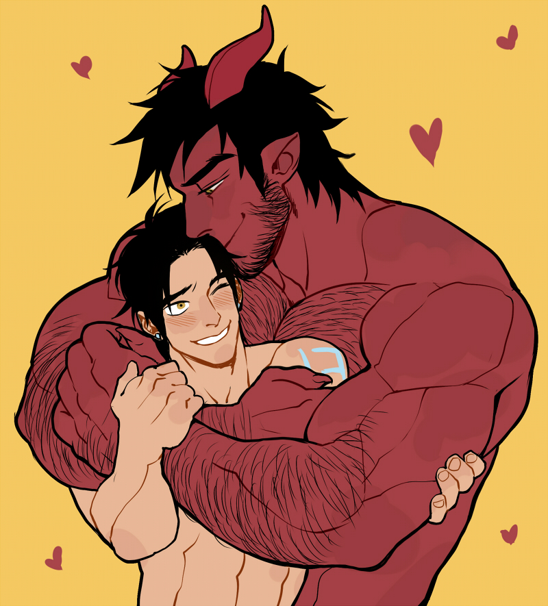 2boys abs arm_hair beard black_hair blush chest_hair colored_skin demon demon_horns dominique_(the_devil_and_s-13) ear_piercing facial_hair hand_on_another's_arm heart horns hug looking_at_another male_focus multiple_boys muscular muscular_male piercing red_skin short_hair sideburns simple_background smile steen_(the_devil_and_s-13) suyohara teeth the_devil_and_s-13 upper_body yaoi yellow_background yellow_eyes