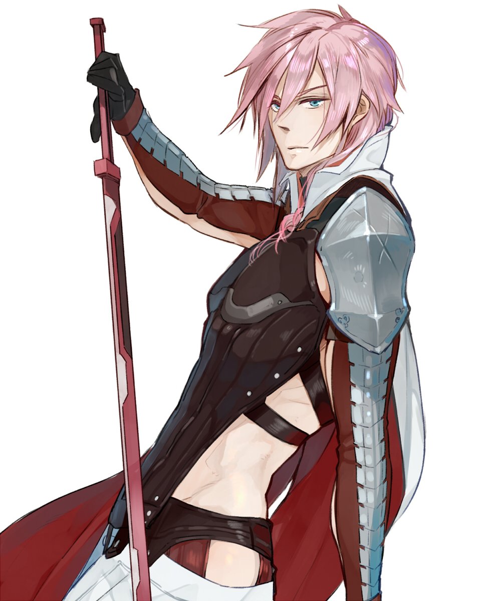 1boy armor black_gloves blue_eyes breastplate cape final_fantasy final_fantasy_xiii genderswap genderswap_(ftm) gloves hair_over_shoulder high_collar highres holding holding_sword holding_weapon lightning_farron long_hair long_sleeves male_focus nini_tw99 open_clothes pauldrons pink_hair red_cape serious shoulder_armor simple_background solo sword weapon white_background